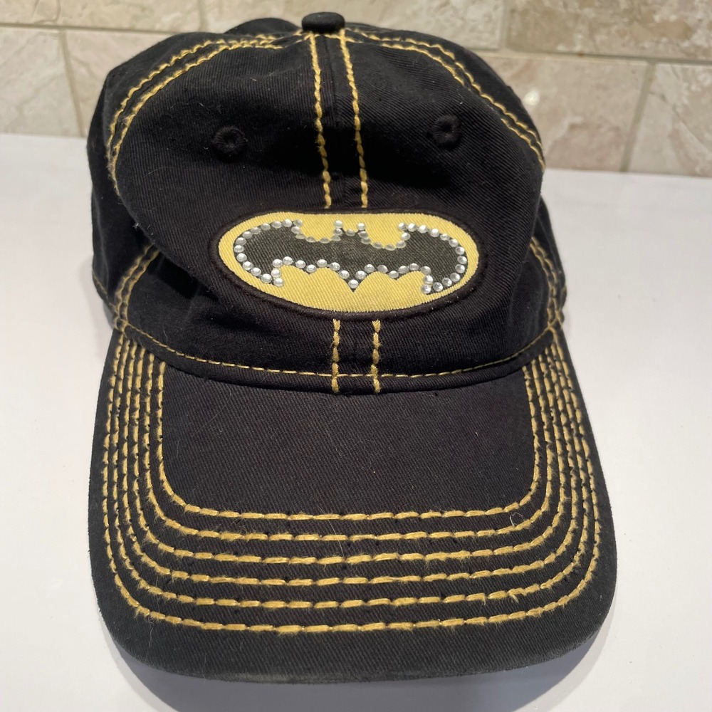 Batman DC Comics Black Yellow Rhinestone Logo Baseball Cap Hat Adjustable